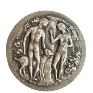 Antique Brooch French, Silver Large brooch. Adam and Eve. Medal by Belmondo.